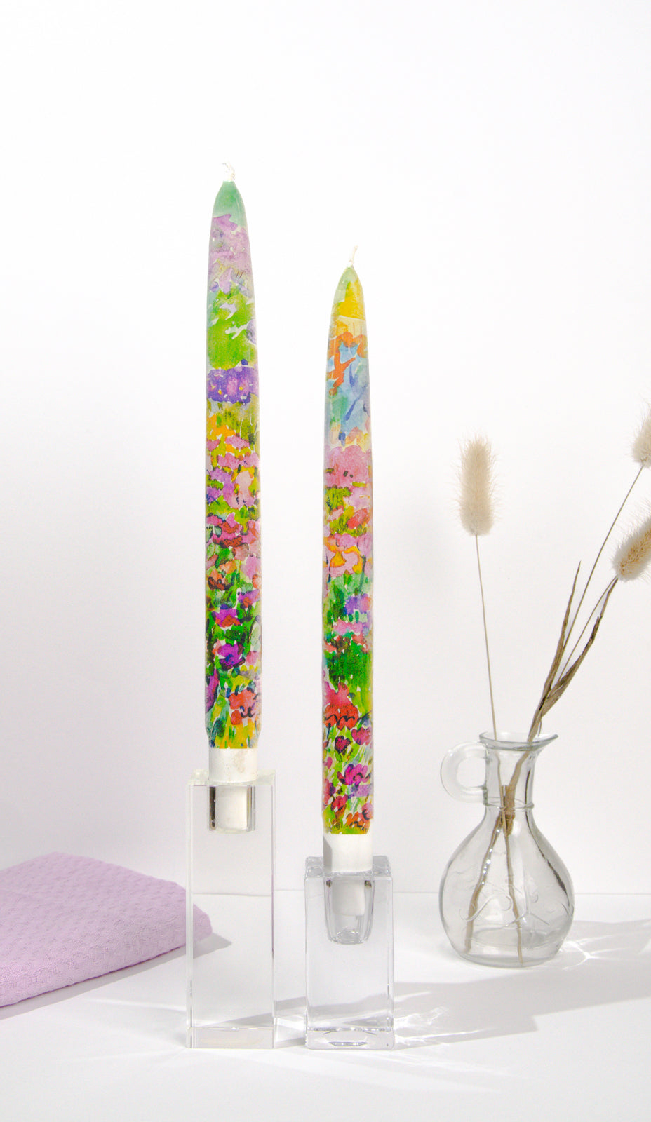 Watercolor Rainbow Flowers - Set of  2 Taper Candles