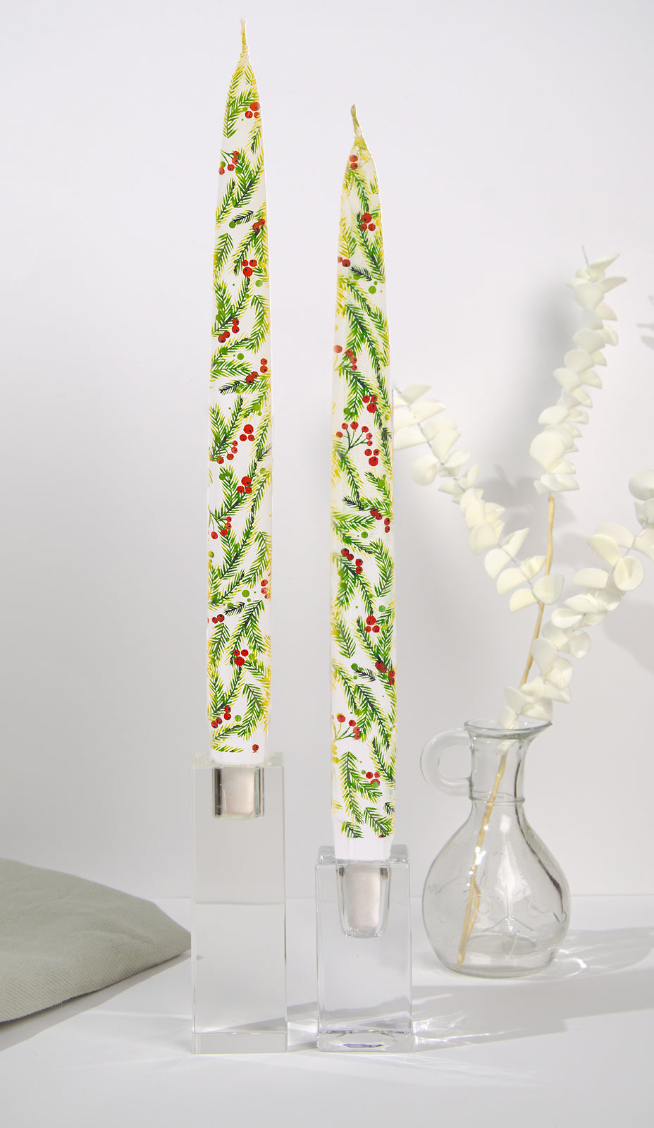 Christmas Pine Needles and Berries - Set of  2 Taper Candles