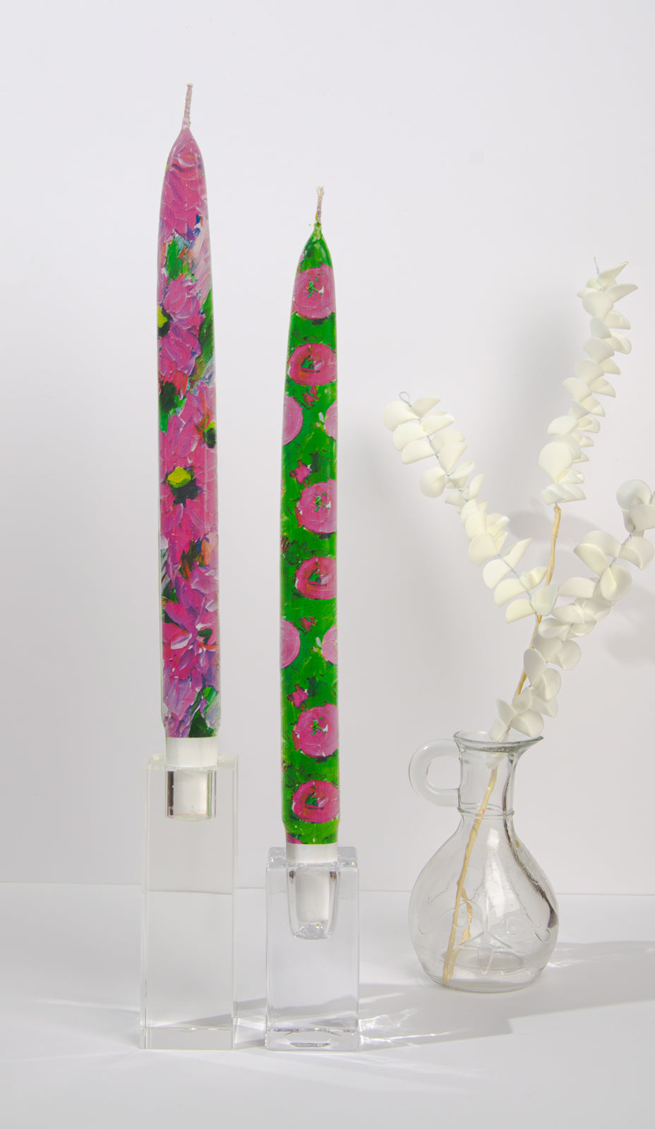 Pink and green abstract Flowers - Set of  2 Taper Candles