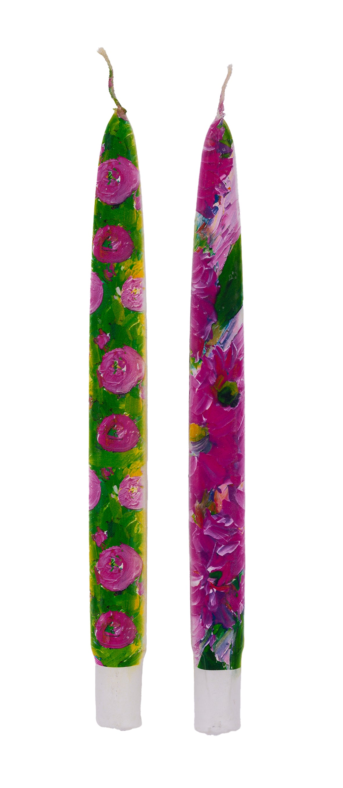 Pink and green abstract Flowers - Set of  2 Taper Candles