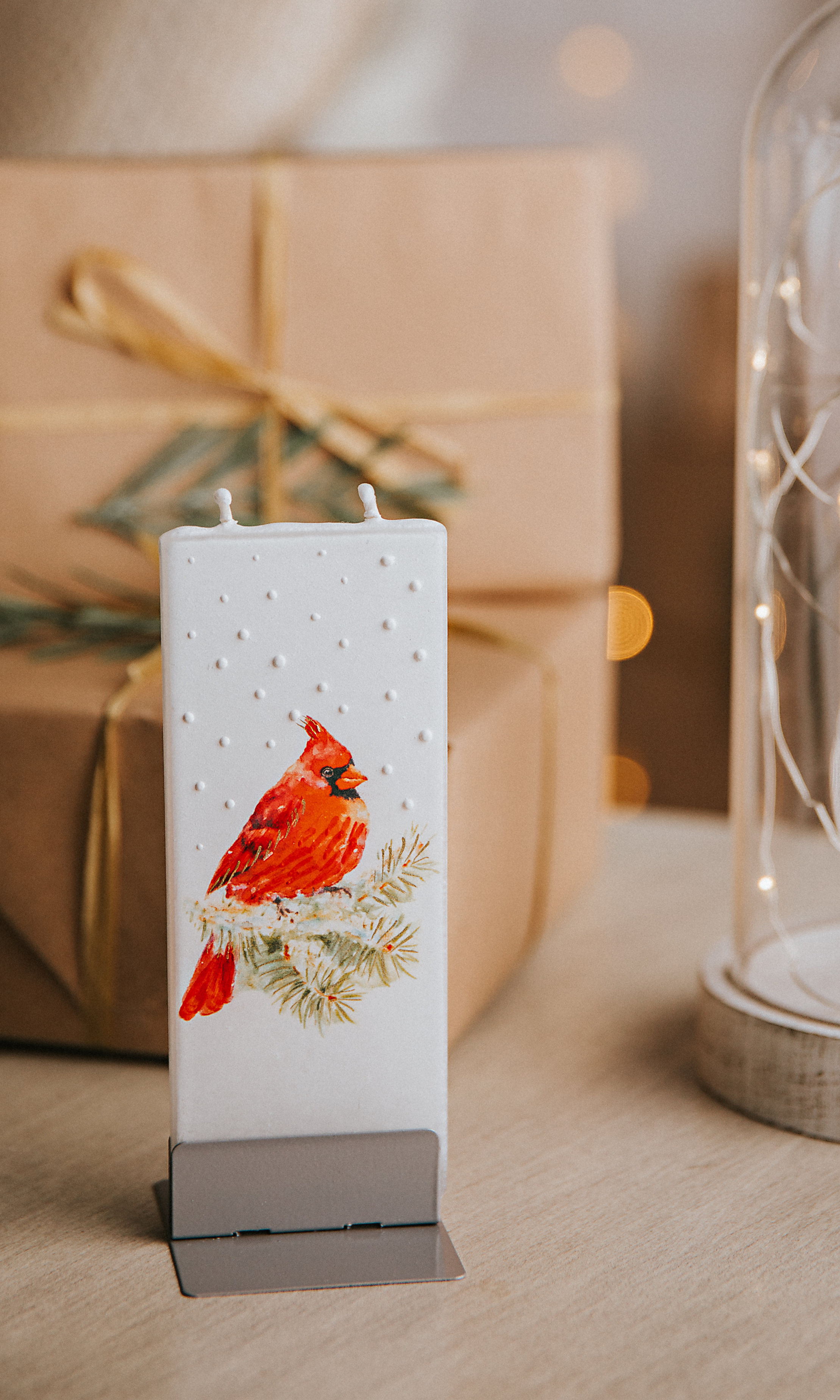 Snowy Cardinal on Pine Branch Candle